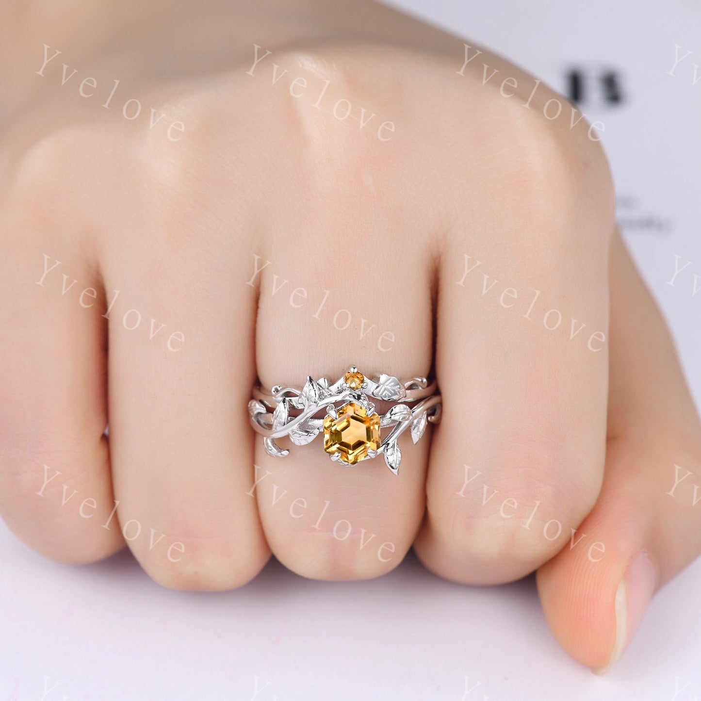 Hexagon Yellow Citrine Ring,Vintage Twig Vine Leaf Ring,Unique Citrine Engagement Ring,Bridal Set,Promise Anniversary Ring,Personalized Gift