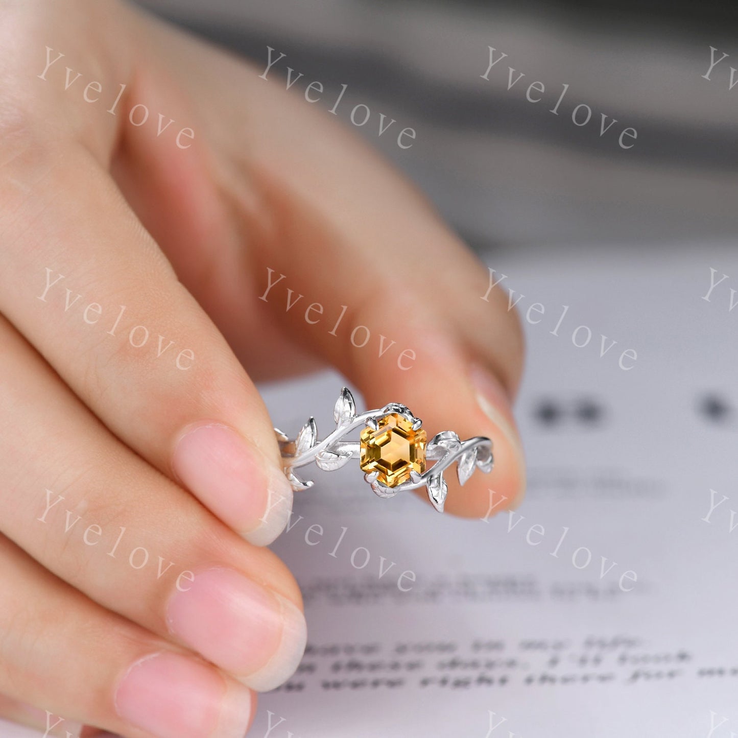 Hexagon Yellow Citrine Ring,Vintage Twig Vine Leaf Ring,Unique Citrine Engagement Ring,Bridal Set,Promise Anniversary Ring,Personalized Gift