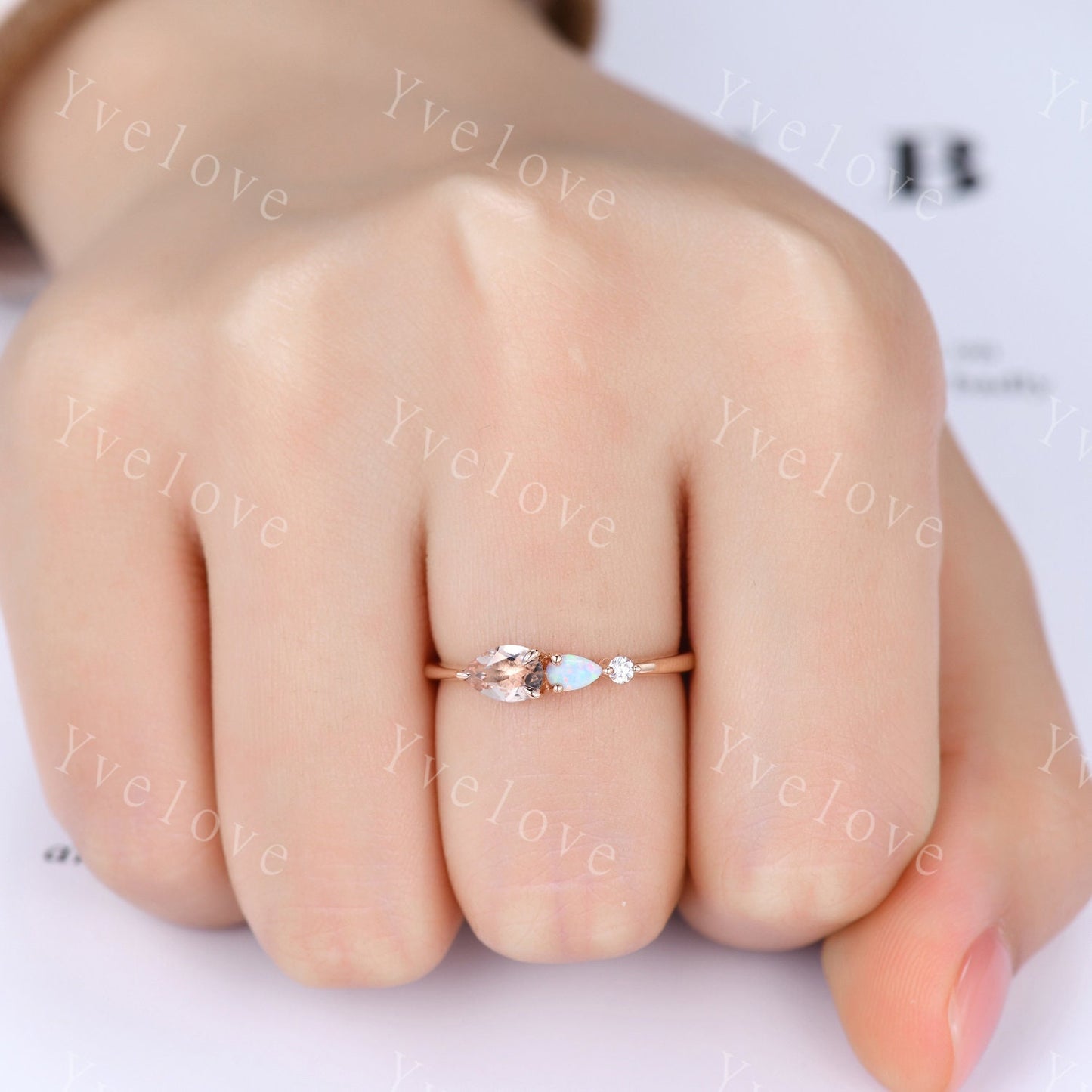 Unique Peach Morganite Opal Engagement Ring,Pear Cut Gems,Art Deco Moissanite Wedding Band,3 Stone Unique Women Bridal Promise Ring Gift