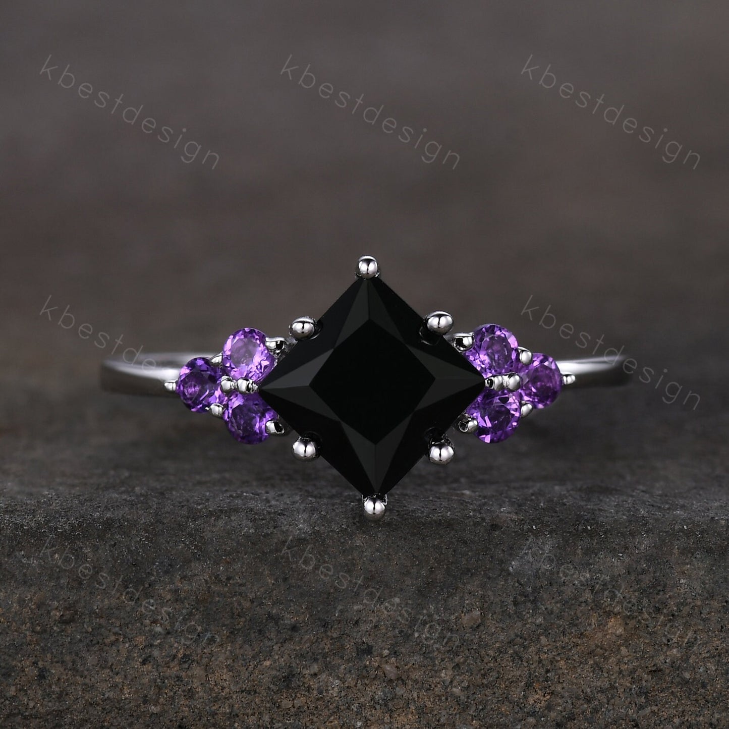 Vintage Princess cut Black onyx engagement ring women Sterling Silver Unique Cluster ring Amethyst Wedding ring Bridal anniversary gift