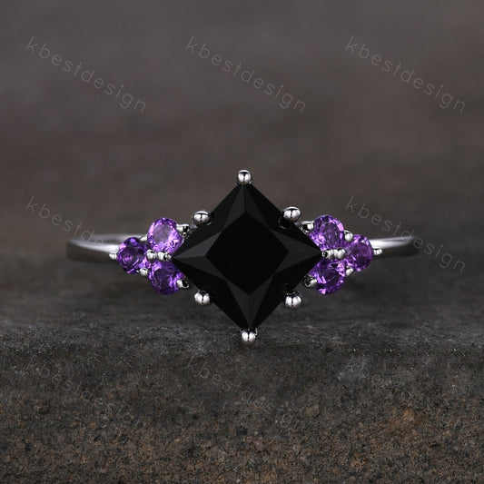 Vintage Princess cut Black onyx engagement ring women Sterling Silver Unique Cluster ring Amethyst Wedding ring Bridal anniversary gift