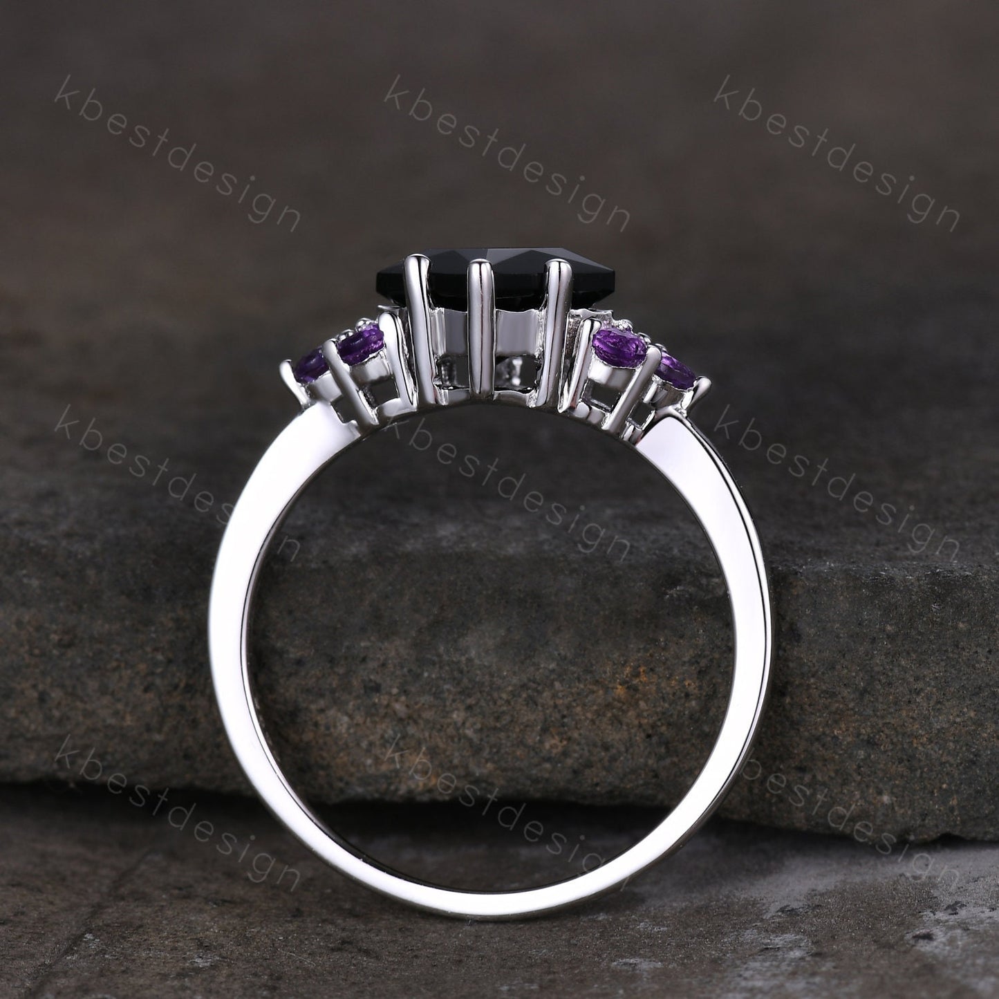 Vintage Princess cut Black onyx engagement ring women Sterling Silver Unique Cluster ring Amethyst Wedding ring Bridal anniversary gift
