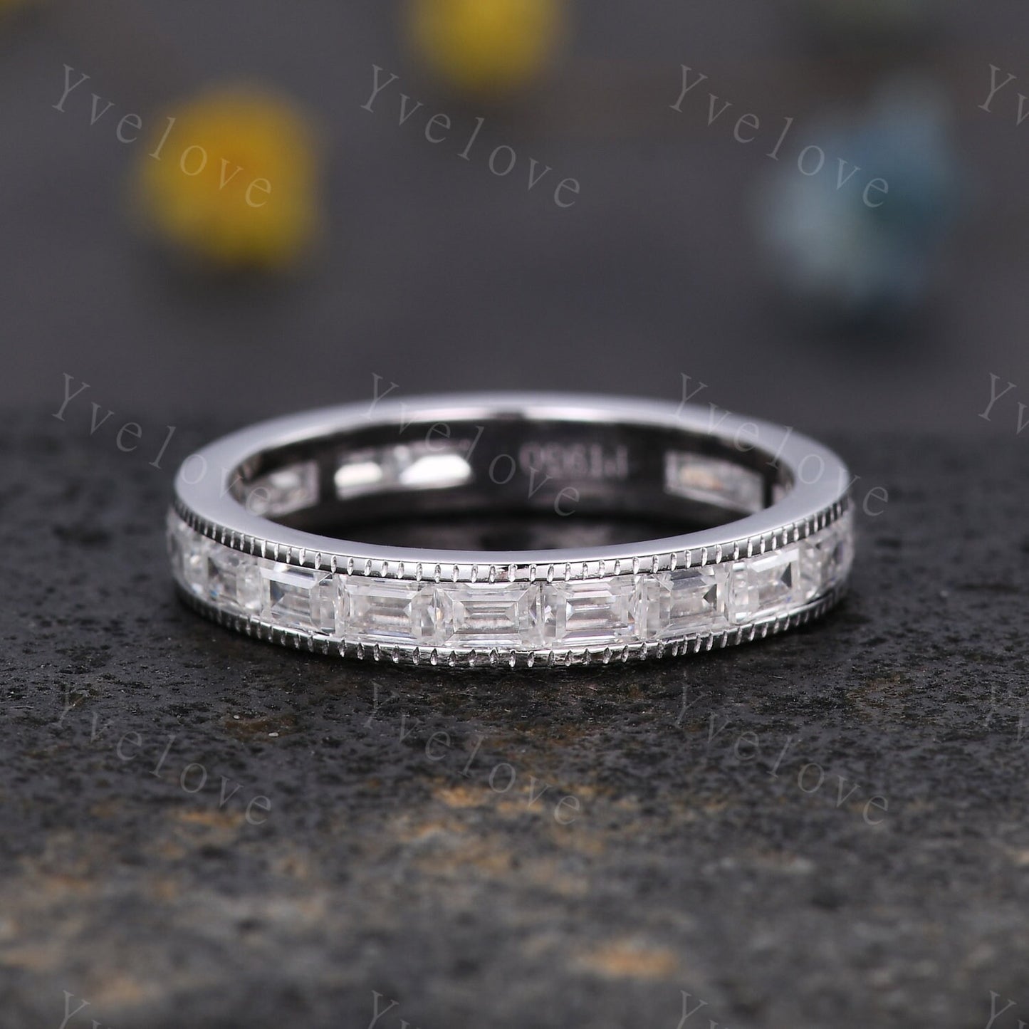 Vintage Moissanite Engagement Ring Baguette Cut Moissanite Band Eternity Wedding Band 14k Yellow gold Art Deco Stacking Matching Bridal Ring
