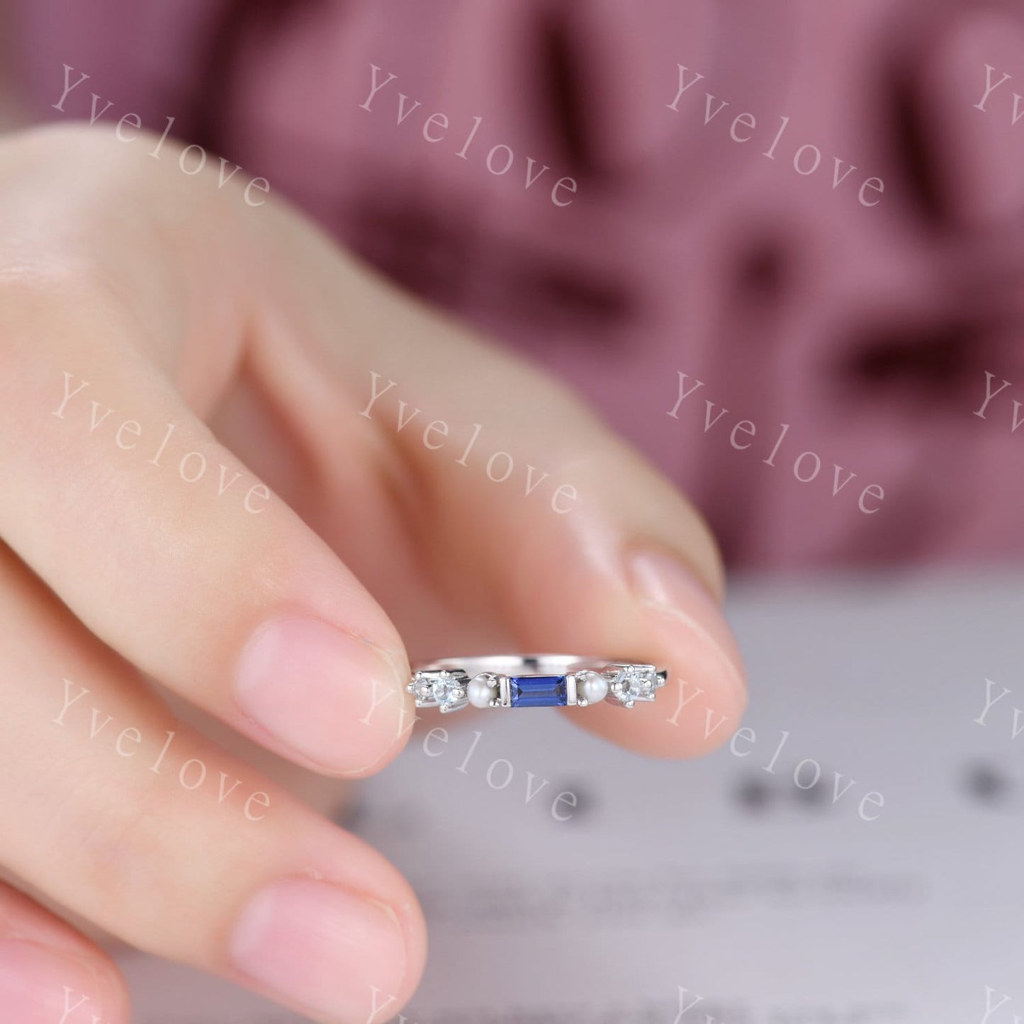 Minimalist Baguette cut sapphire band dainty pearl aquamarine wedding band women stackable matching band white gold personalized ring gift