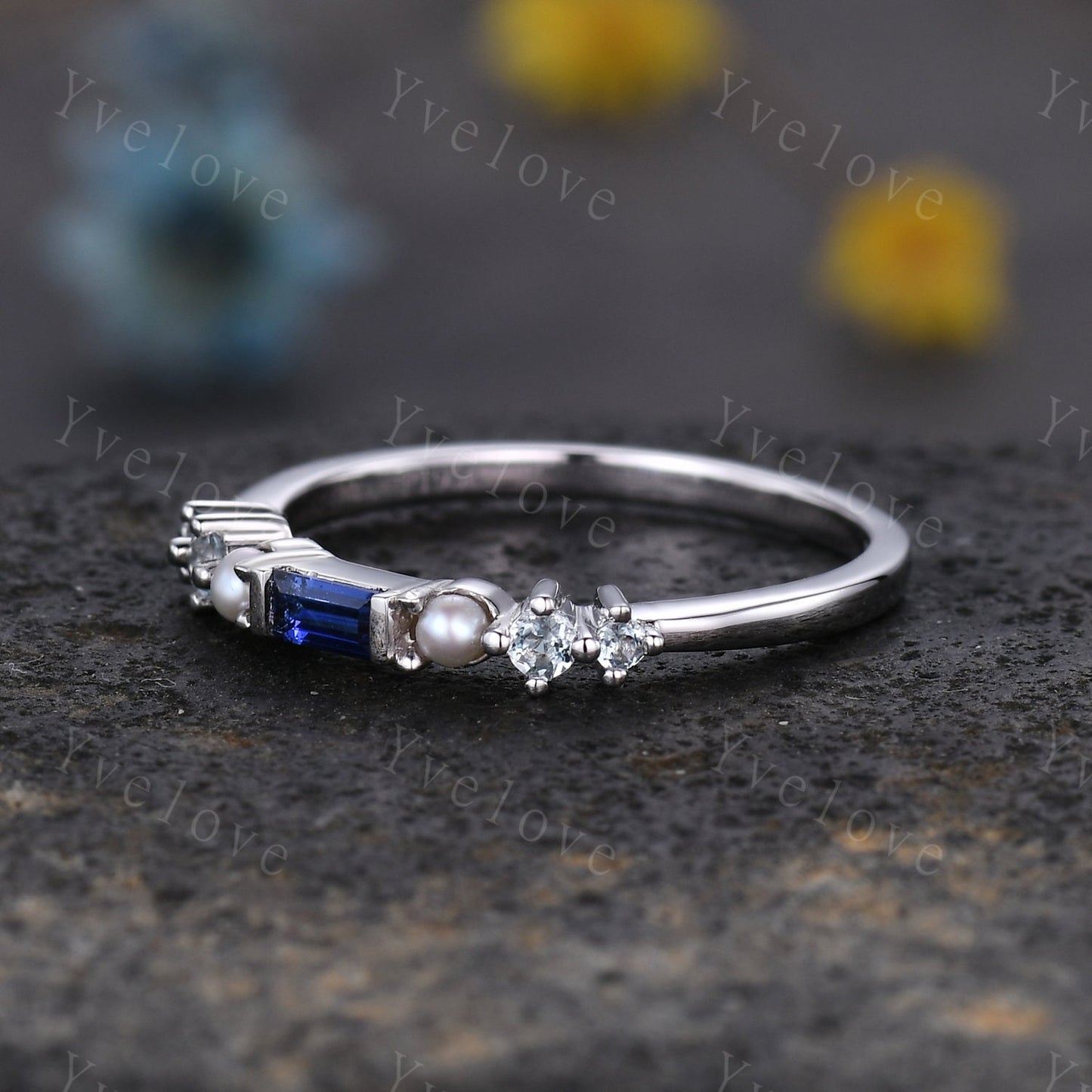 Minimalist Baguette cut sapphire band dainty pearl aquamarine wedding band women stackable matching band white gold personalized ring gift