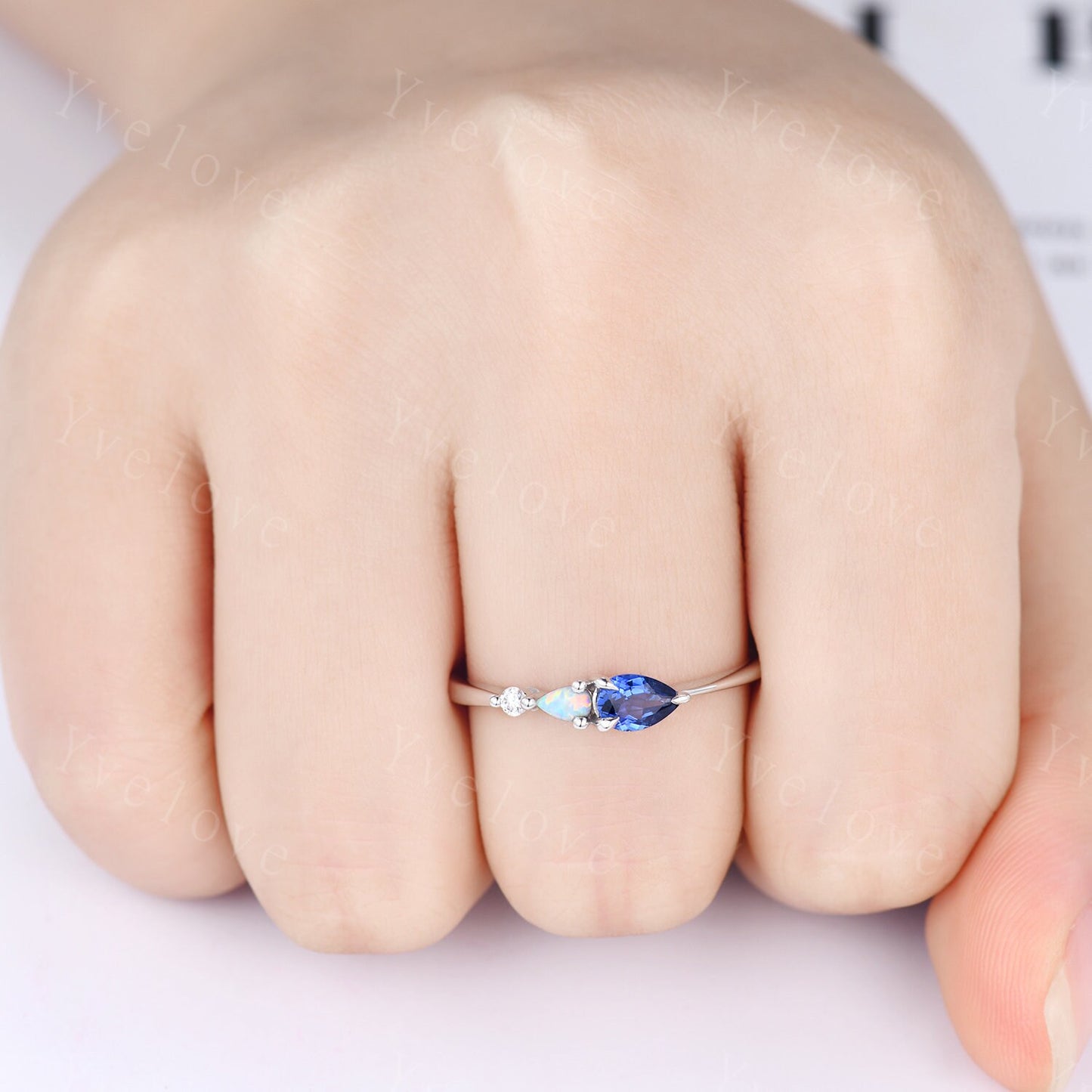 Vintage Sapphire Opal Engagement Ring,Pear Cut Gems,Art Deco Moissanite Wedding Band,3 Stone Unique Women Bridal Promise Ring,Customized