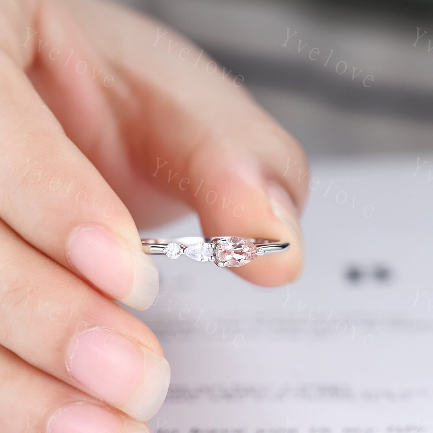 Unique Pink Morganite Engagement Ring,Pear Cut Gems,Art Deco Moissanite Wedding Band,3 Stone Unique Women Bridal Promise Ring Gift
