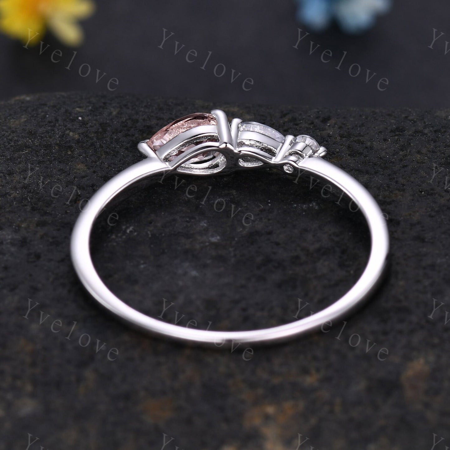 Unique Pink Morganite Engagement Ring,Pear Cut Gems,Art Deco Moissanite Wedding Band,3 Stone Unique Women Bridal Promise Ring Gift