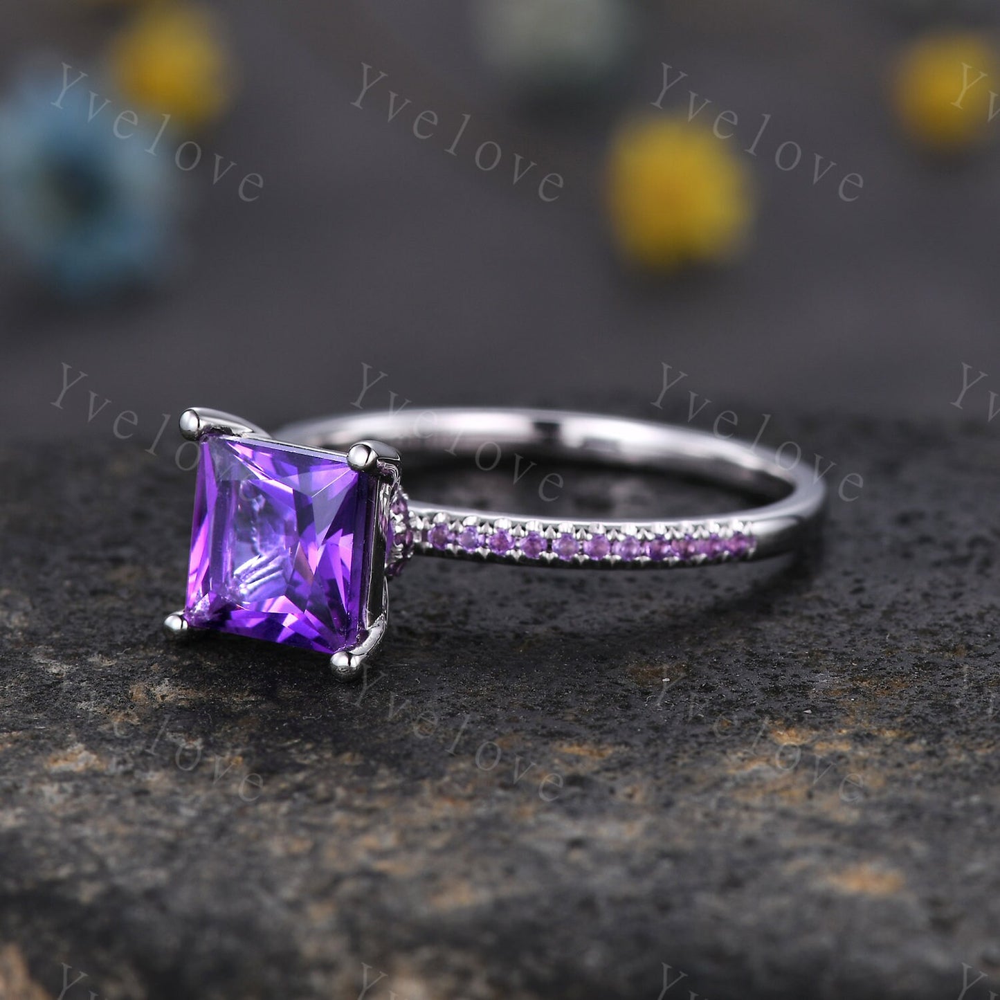 Art deco princess cut amethyst engagement ring hidden halo Amethyst ring amethyst wedding band February birthstone bridal jewelry gift