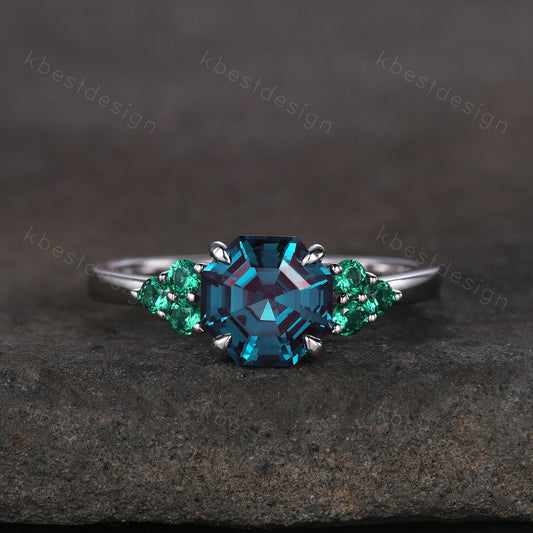 Vintage octagon cut Alexandrite engagement ring silver gold ring green emerald cluster ring unique wedding ring women anniversary ring gift
