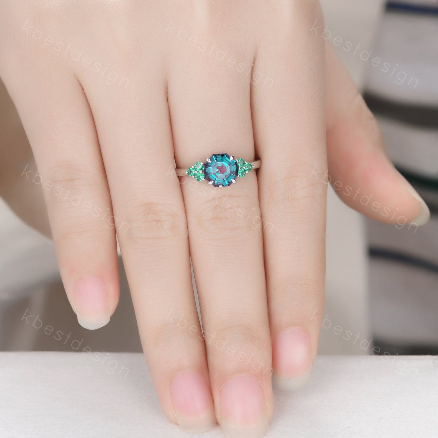 Antique Alexandrite Engagement Ring Set Asscher cut Engagement Ring Unique Art Deco Black Spinel Stacking Matching Band Bridal Promise Set