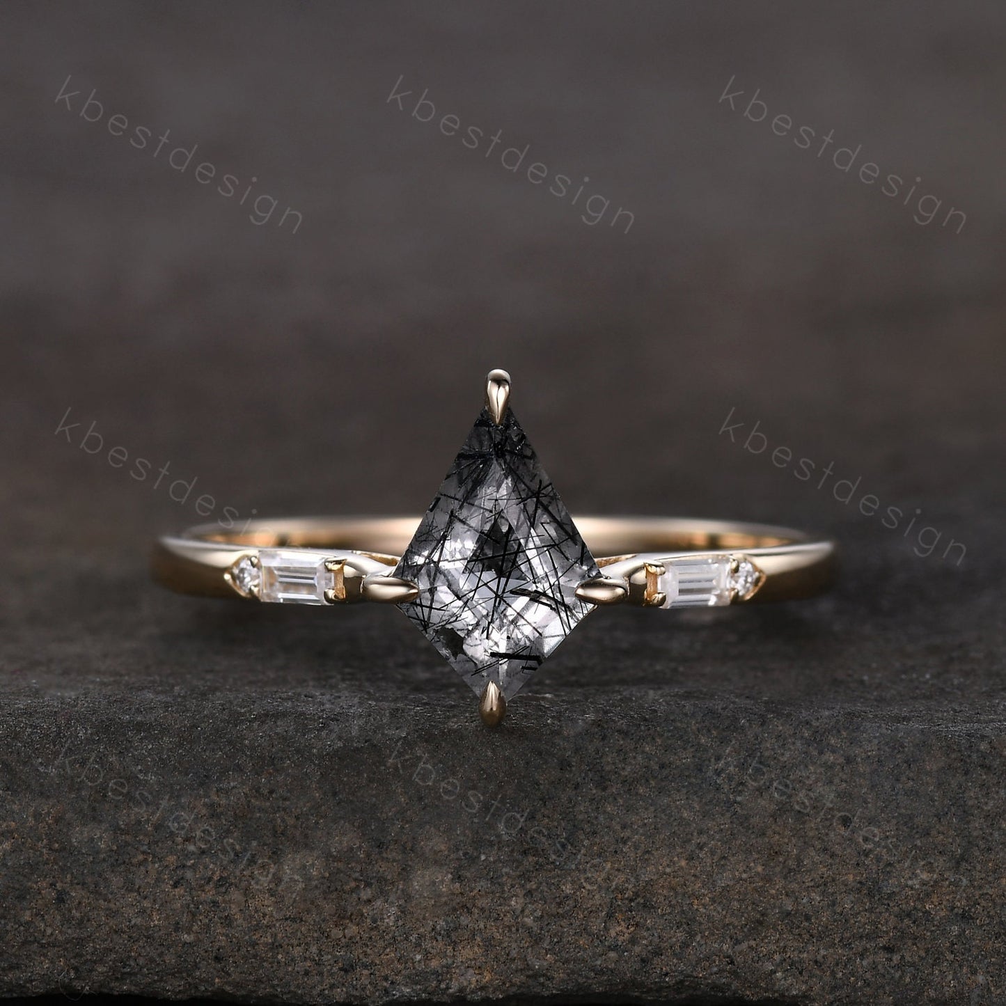 Kite cut black rutilated quartz ring 14k yellow gold ring vintage unique engagement ring three stone baguette cut moissanite ring handmade