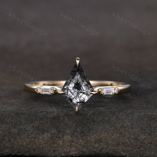 Kite cut black rutilated quartz ring 14k yellow gold ring vintage unique engagement ring three stone baguette cut moissanite ring handmade