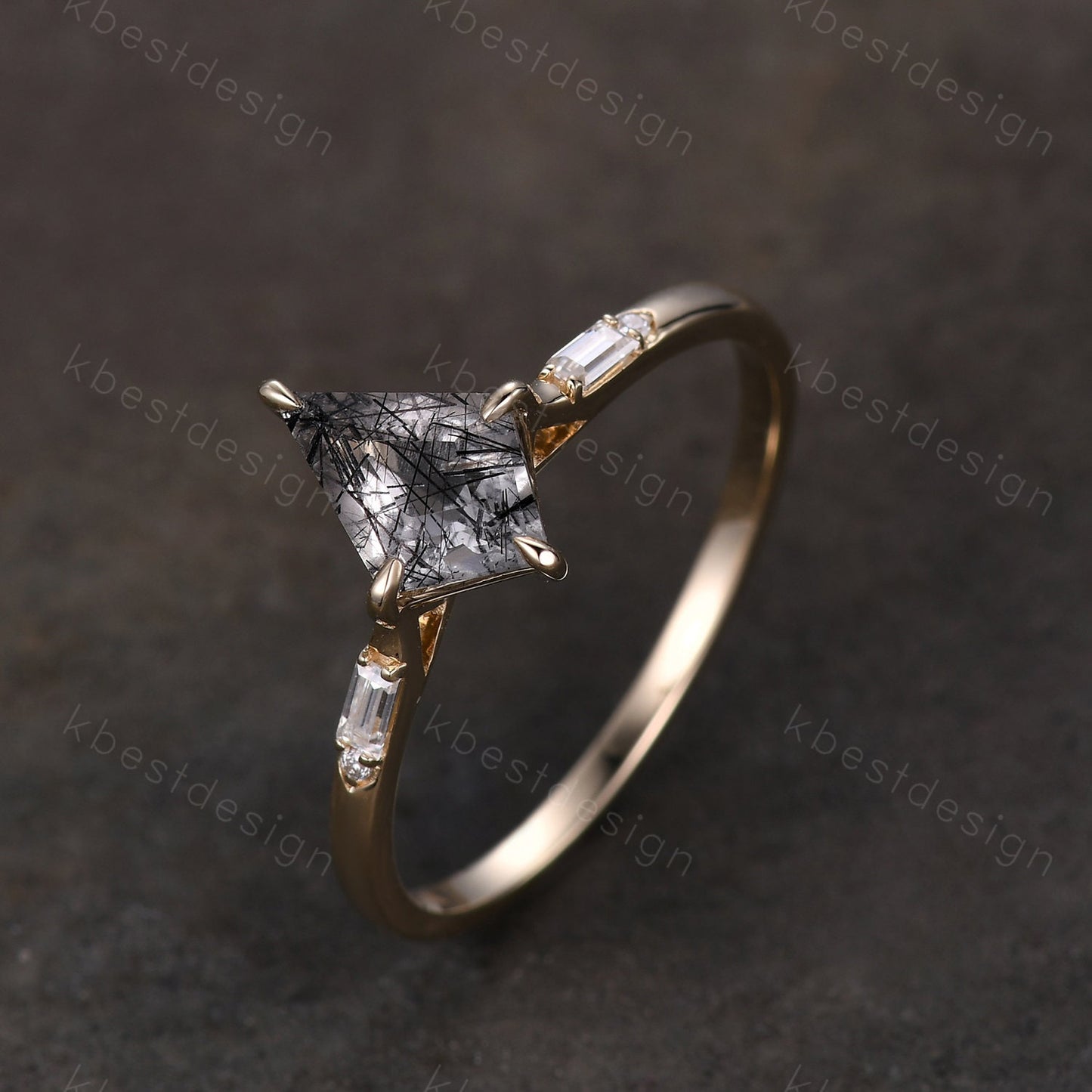 Kite cut black rutilated quartz ring 14k yellow gold ring vintage unique engagement ring three stone baguette cut moissanite ring handmade