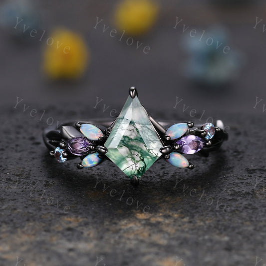 Vintage Kite Moss Agate Engagement Ring,Black Gold Ring,Vines Amethyst Opal Ring,Women Bridal Set,Unique Twig Anniversary Promise Ring Gift