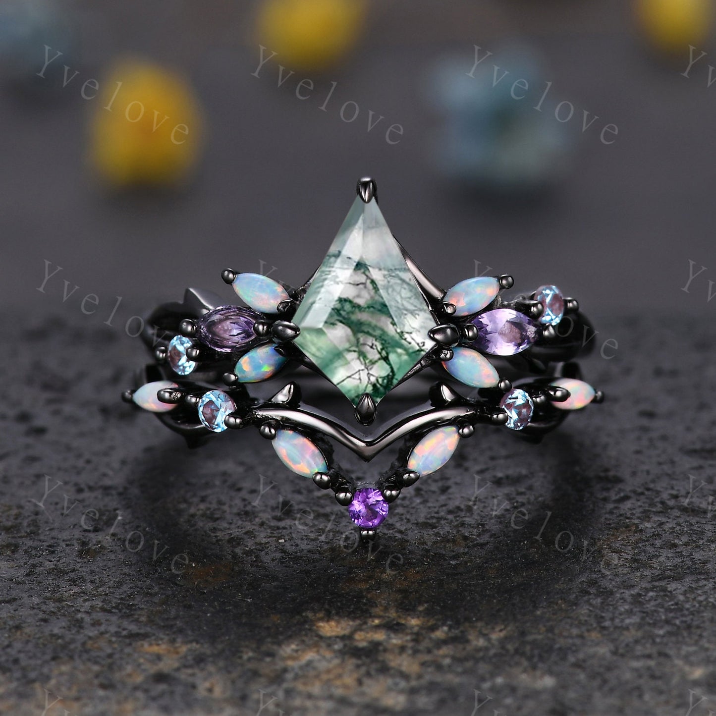 Vintage Kite Moss Agate Engagement Ring Set,White Gold,Vines Amethyst Opal Ring,Women Bridal Set,Unique Twig Anniversary Promise Ring Gift