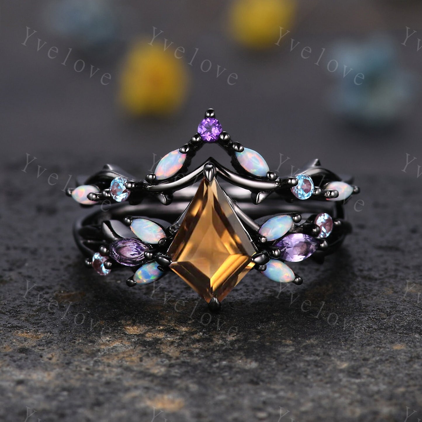 Vintage Kite Smoky Quartz Engagement Ring Set,Black Gold,Vines Amethyst Opal Ring,Women Bridal Set,Unique Twig Anniversary Gift Promise Ring