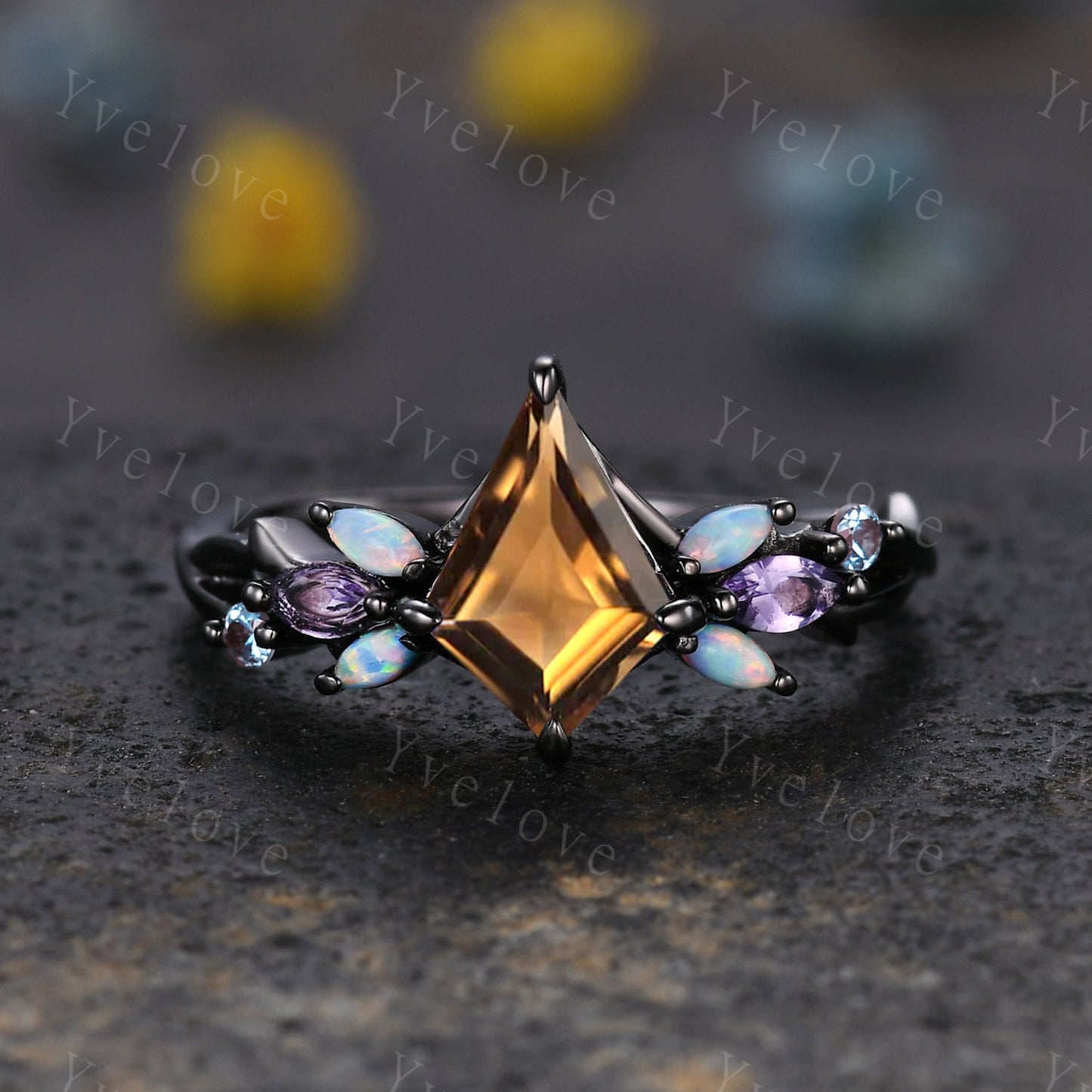 Vintage Kite Smoky Quartz Engagement Ring Set,Black Gold,Vines Amethyst Opal Ring,Women Bridal Set,Unique Twig Anniversary Gift Promise Ring