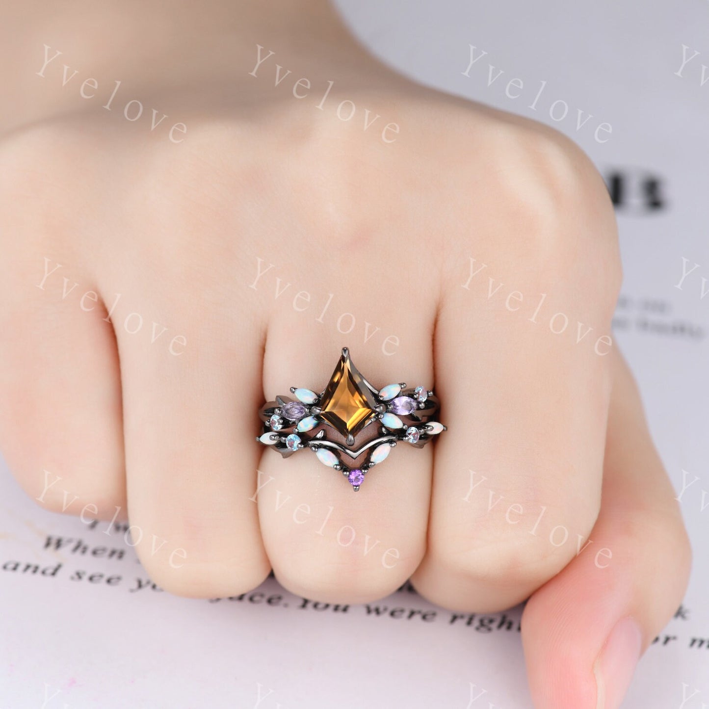 Vintage Kite Smoky Quartz Engagement Ring Set,Black Gold,Vines Amethyst Opal Ring,Women Bridal Set,Unique Twig Anniversary Gift Promise Ring