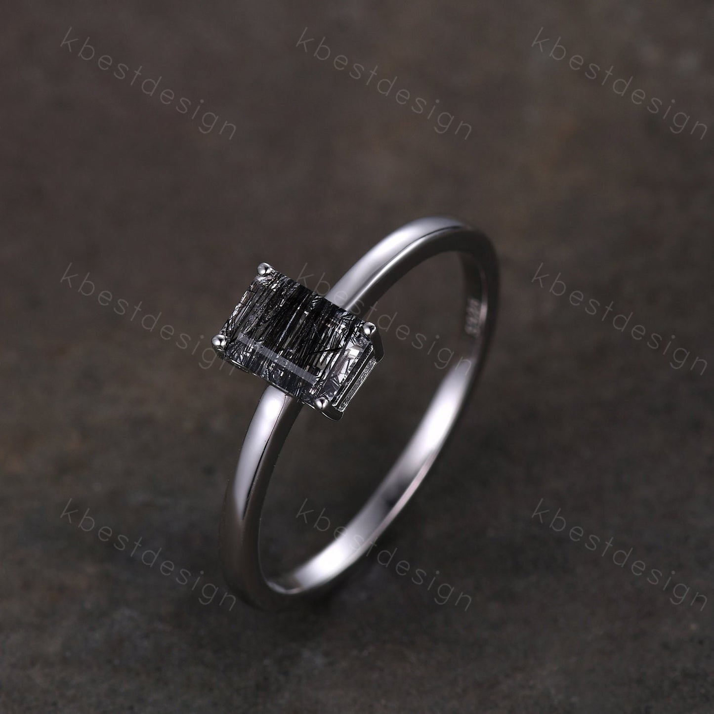 Emerald cut Black Rutilated Quartz ring women vintage unique black gemstone ring minimalist solitaire engagement ring Promise ring