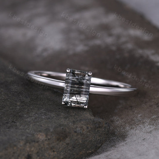 Emerald cut Black Rutilated Quartz ring women vintage unique black gemstone ring minimalist solitaire engagement ring Promise ring