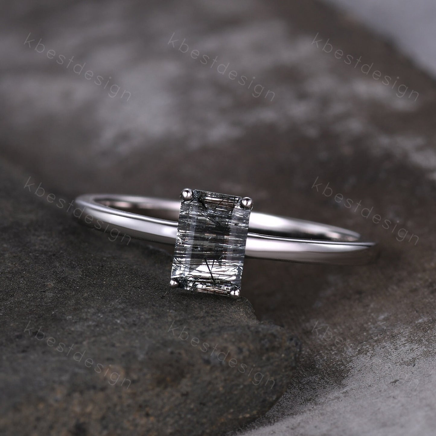 Emerald cut Black Rutilated Quartz ring women vintage unique black gemstone ring minimalist solitaire engagement ring Promise ring