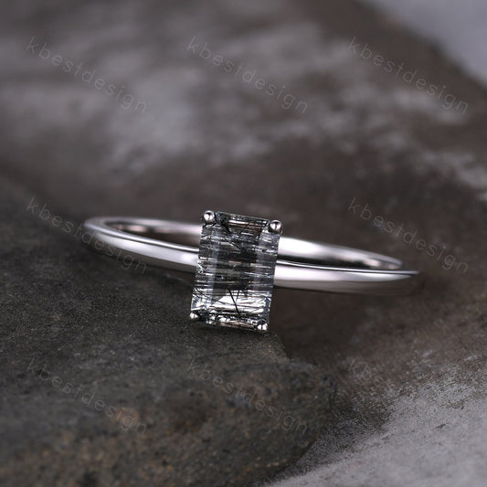 Emerald cut Black Rutilated Quartz ring women vintage unique black gemstone ring minimalist solitaire engagement ring Promise ring