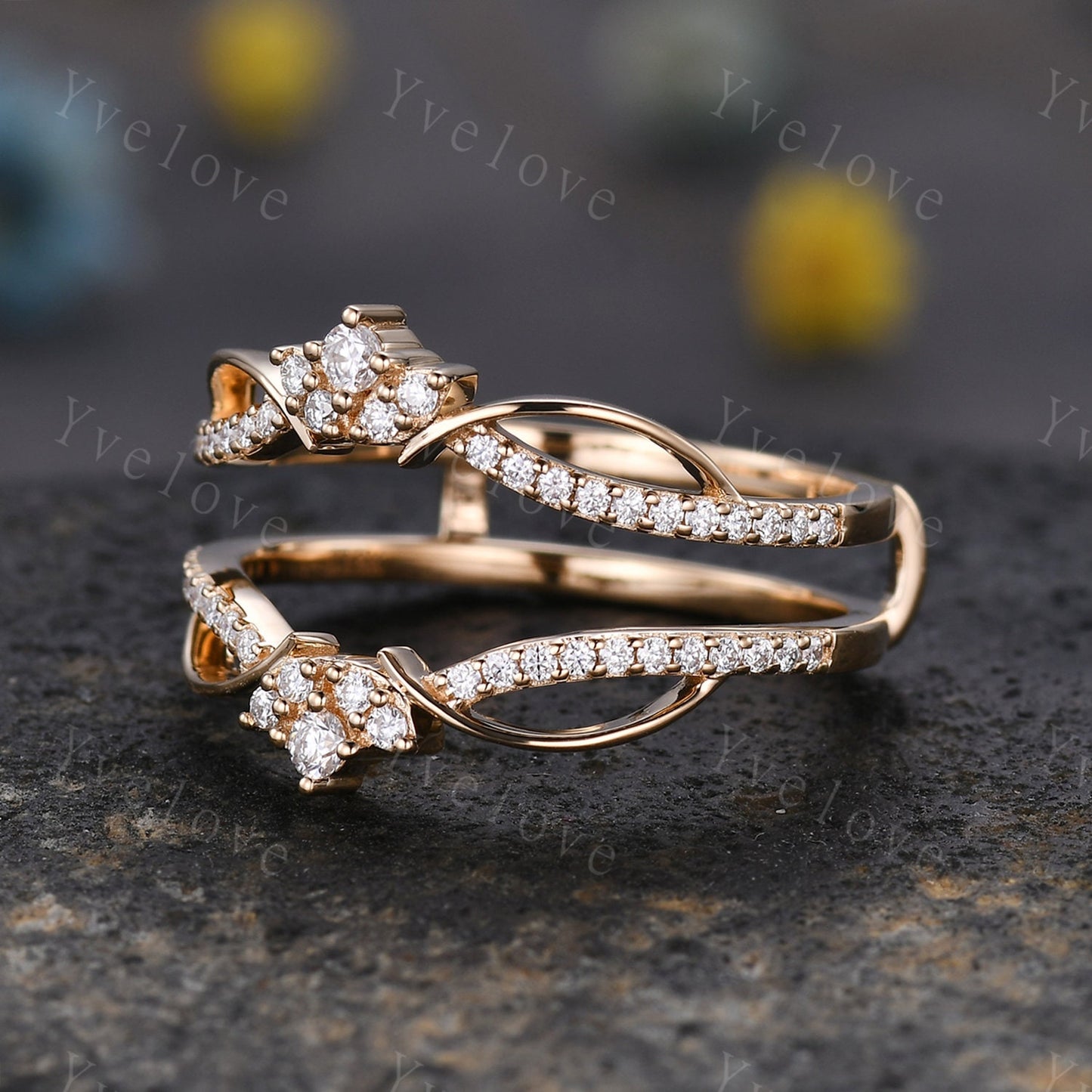 Diamond enhancer wedding band,14k solid gold ring,Double curved enhancer matching band,Floral personalized ring,Women anniversary gift ring