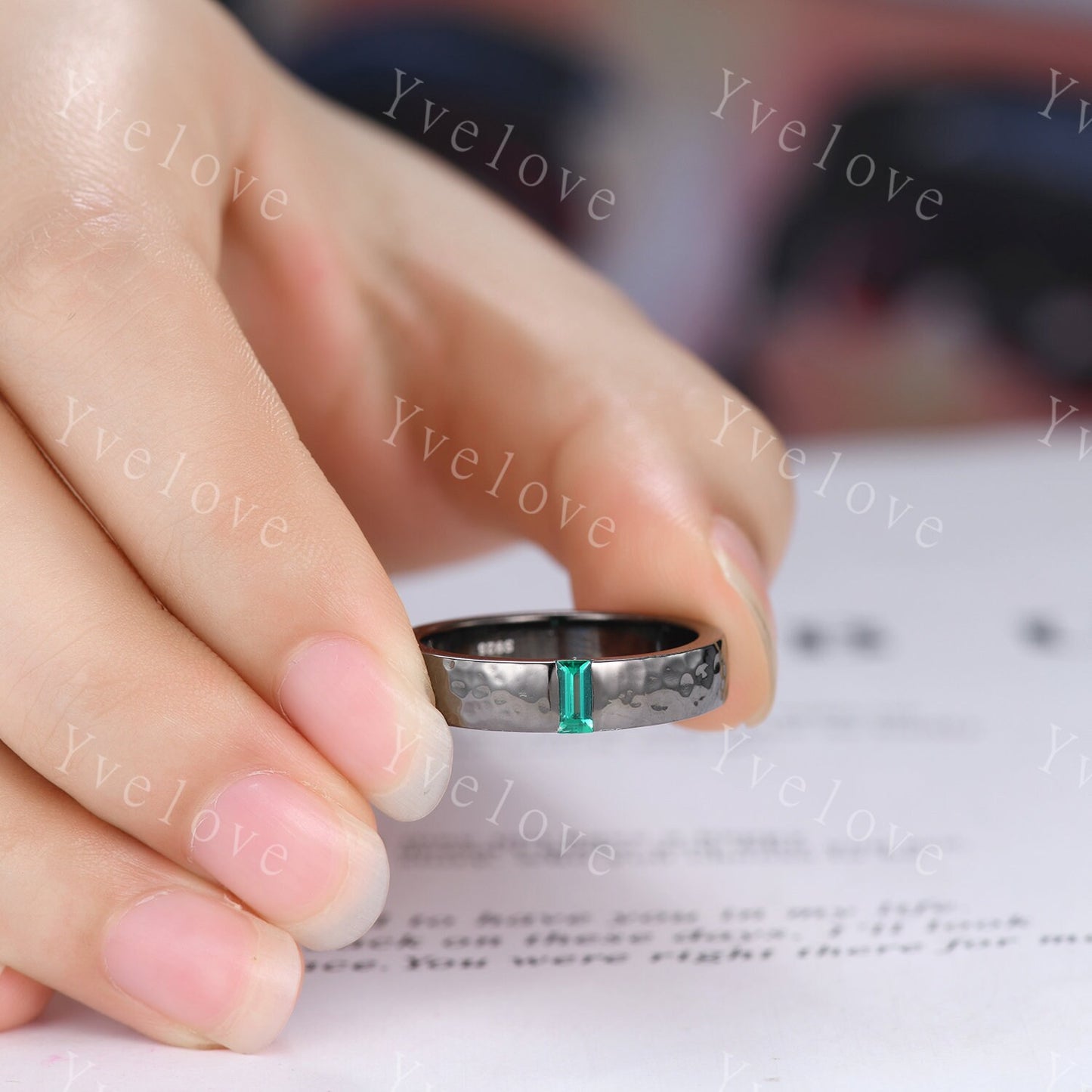 Mens Emerald Wedding Band Baguette Cut Green Emerald Band 5mm Black Band Ring Mens Hammered Stacking Matching Band Retro Vintage Ring Gift