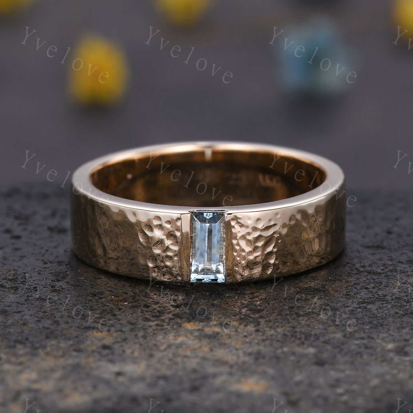 6mm Mens Blue Aquamarine Wedding Band Baguette Shaped Band White Gold Ring Mens Hammered Stacking Matching Band Retro Vintage Ring Gift