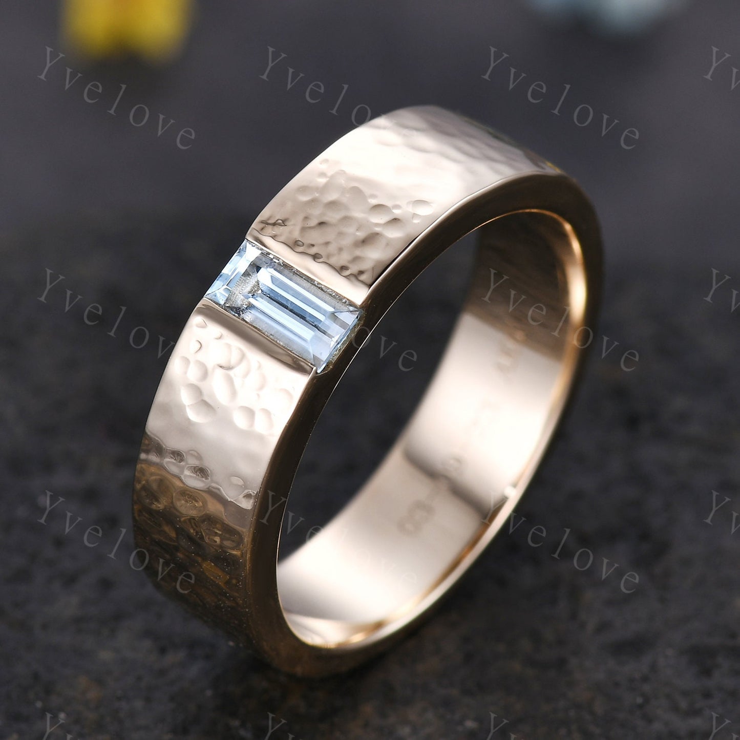 6mm Mens Blue Aquamarine Wedding Band Baguette Shaped Band White Gold Ring Mens Hammered Stacking Matching Band Retro Vintage Ring Gift