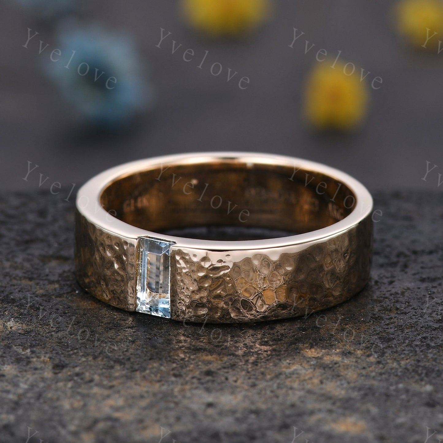 6mm Mens Blue Aquamarine Wedding Band Baguette Shaped Band White Gold Ring Mens Hammered Stacking Matching Band Retro Vintage Ring Gift
