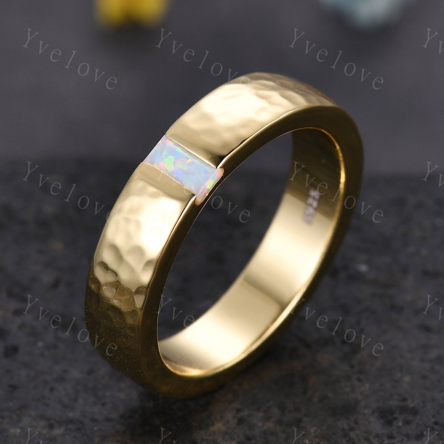 Mens White Fire Opal Wedding Band Baguette Cut Opal Band 5mm White Gold Ring Mens Hammered Stacking Matching Band Retro Vintage Ring Gift