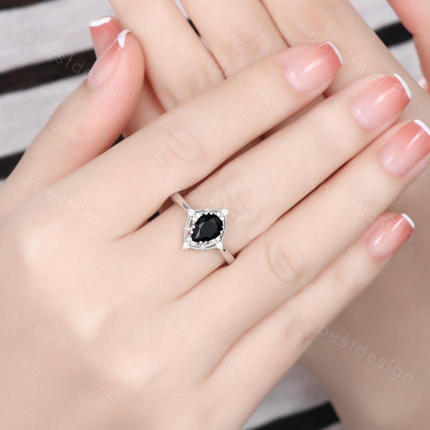Pear Cut Natural Black Onyx Engagement Ring Unique Art Deco Moissanite Ring Sterling Silver Ring Black Gemstone ring Bridal Promise Ring