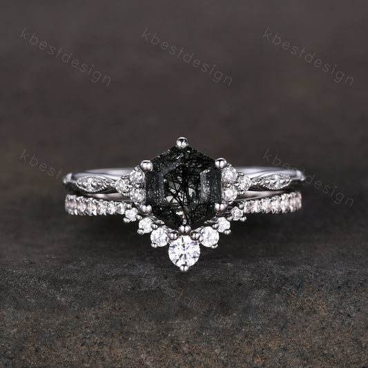 Hexagon cut black rutilated quartz engagement ring sterling silver art deco moissanite ring women black stone ring unique wedding ring set