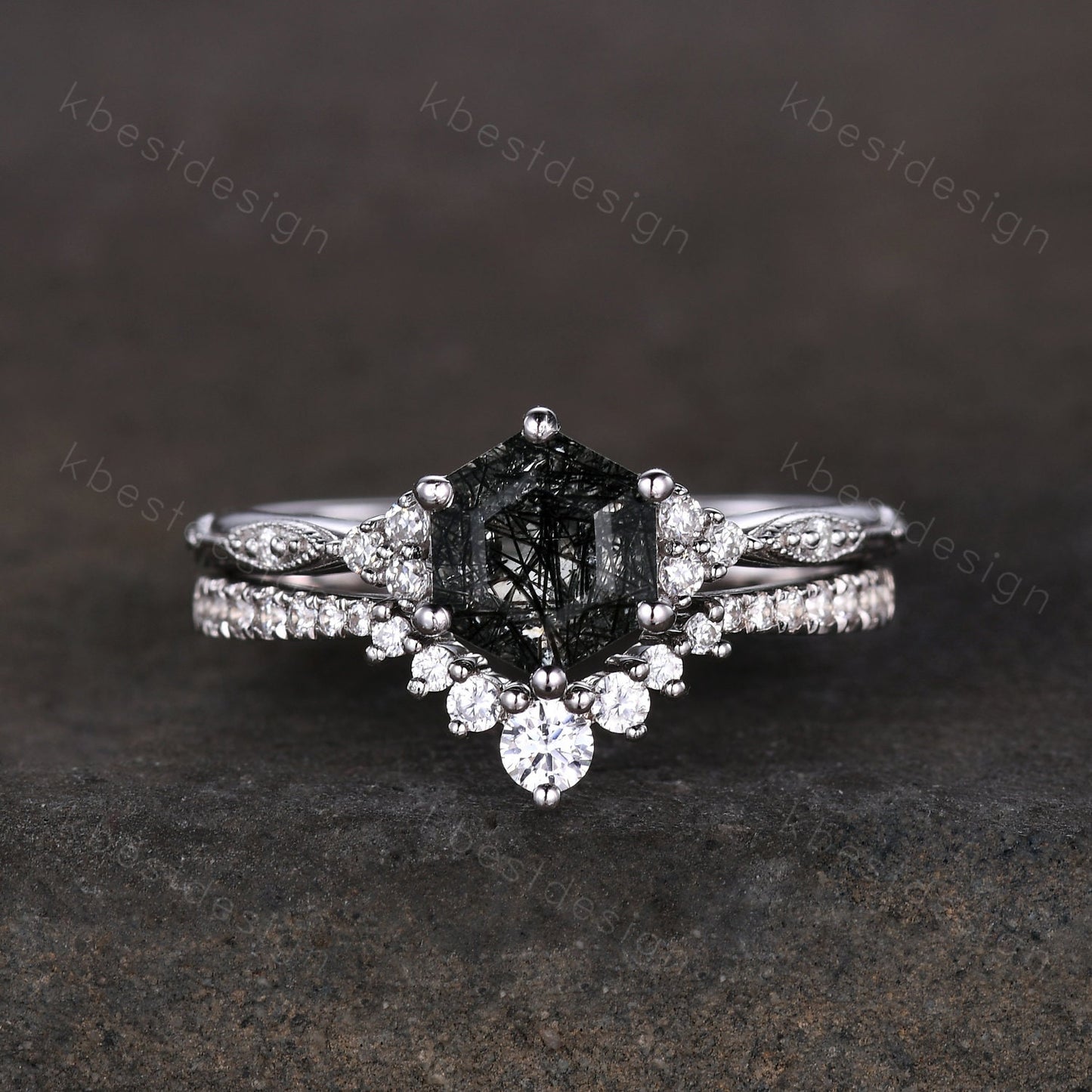 Hexagon cut black rutilated quartz engagement ring sterling silver art deco moissanite ring women black stone ring unique wedding ring set