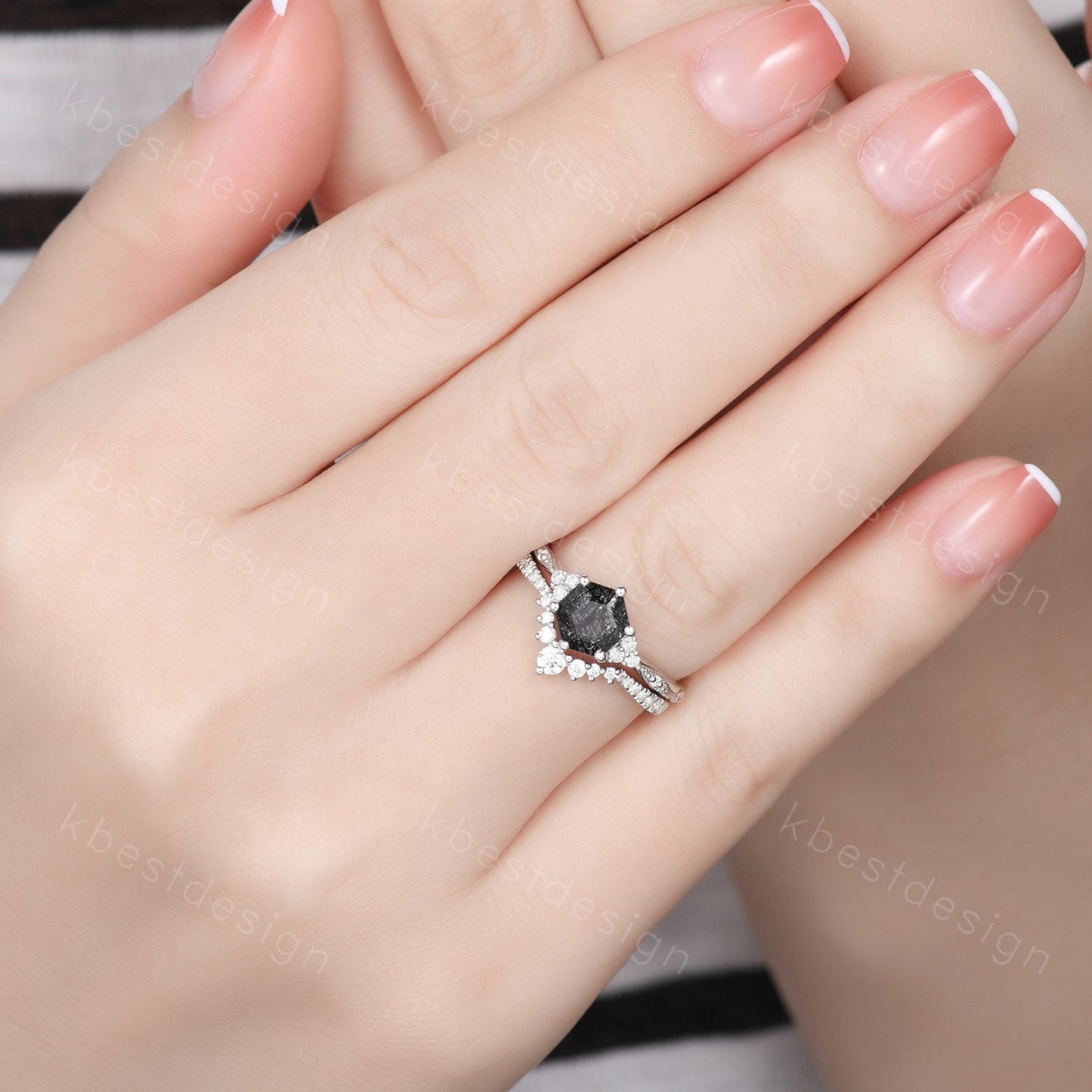 Hexagon cut black rutilated quartz engagement ring sterling silver art deco moissanite ring women black stone ring unique wedding ring set