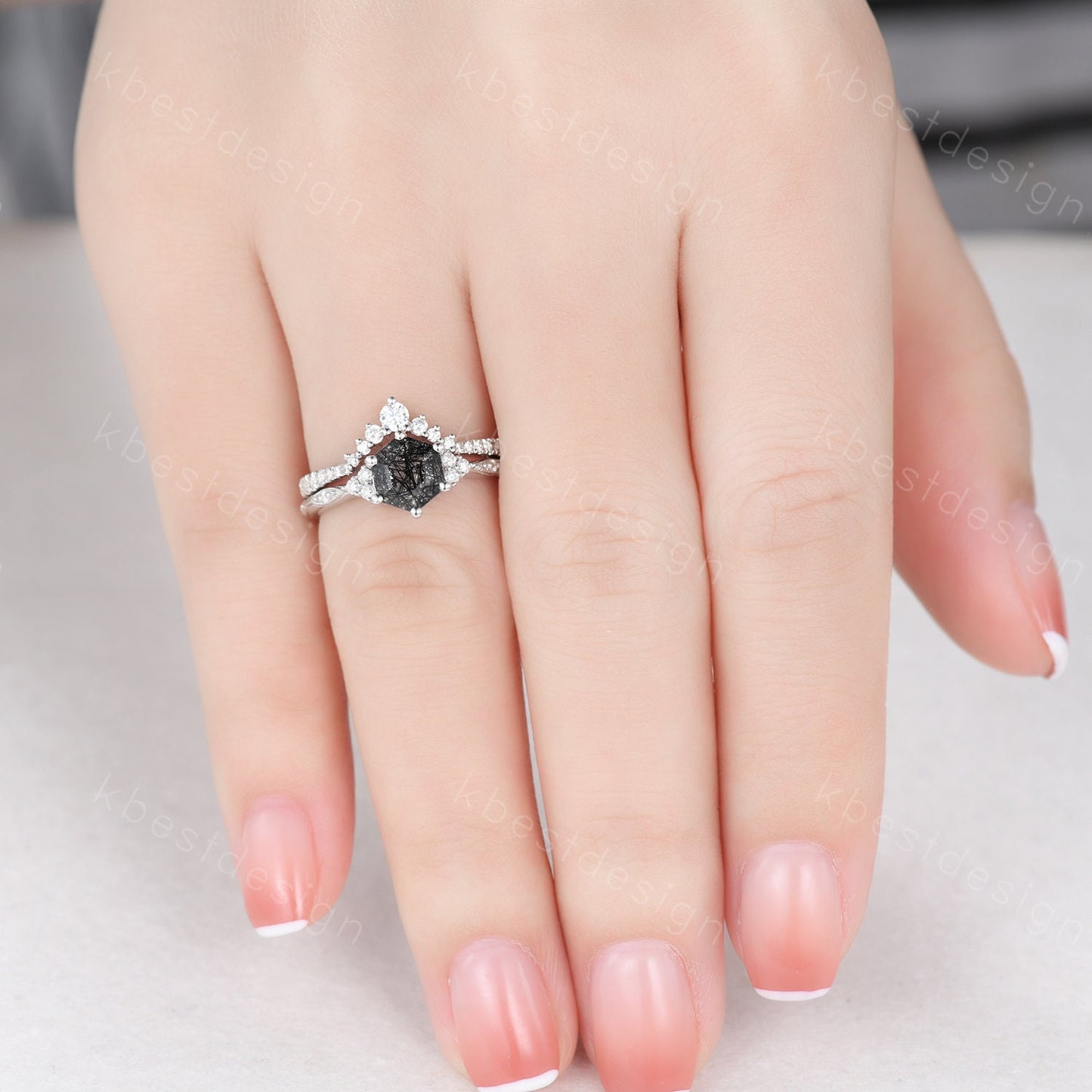 Hexagon cut black rutilated quartz engagement ring sterling silver art deco moissanite ring women black stone ring unique wedding ring set