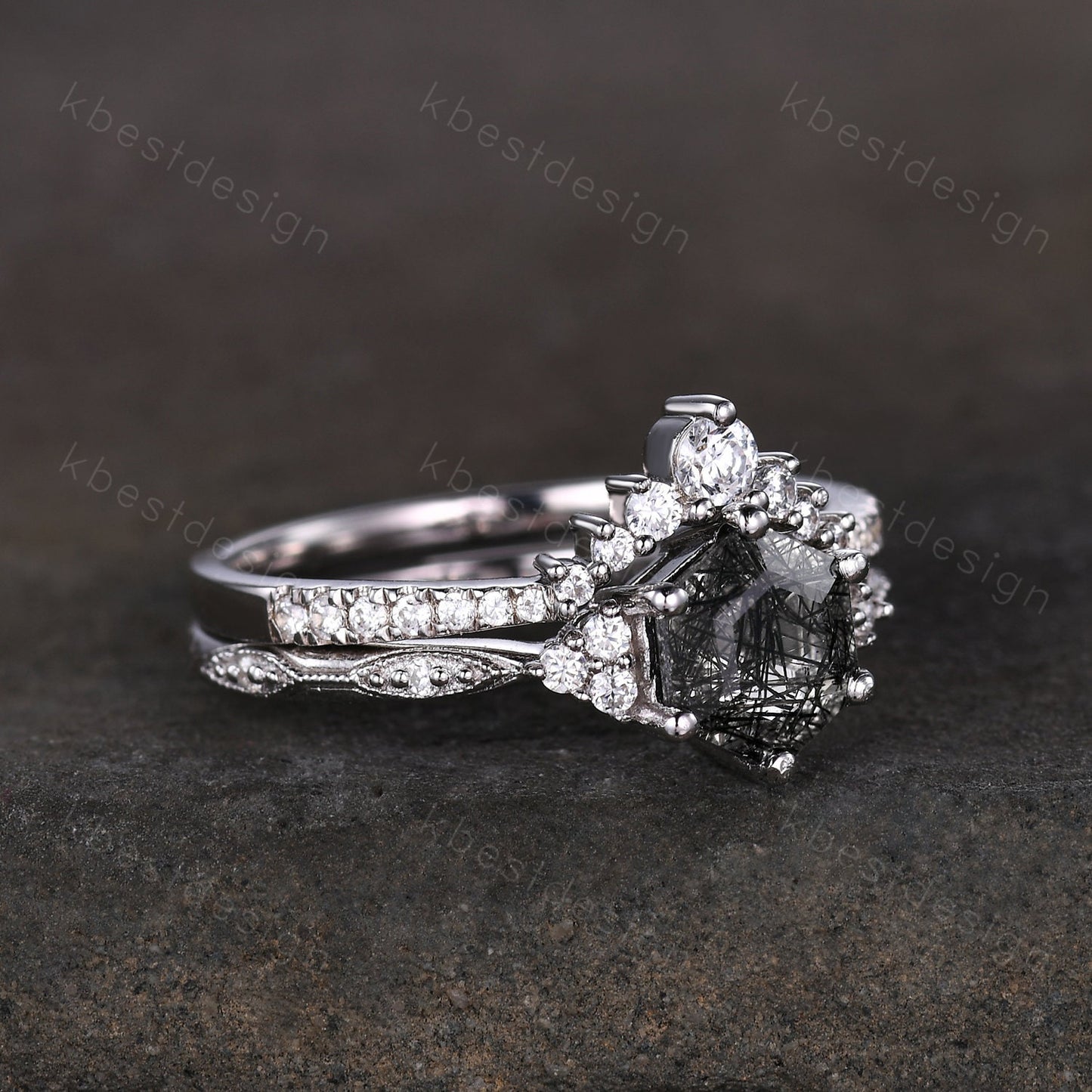 Hexagon cut black rutilated quartz engagement ring sterling silver art deco moissanite ring women black stone ring unique wedding ring set