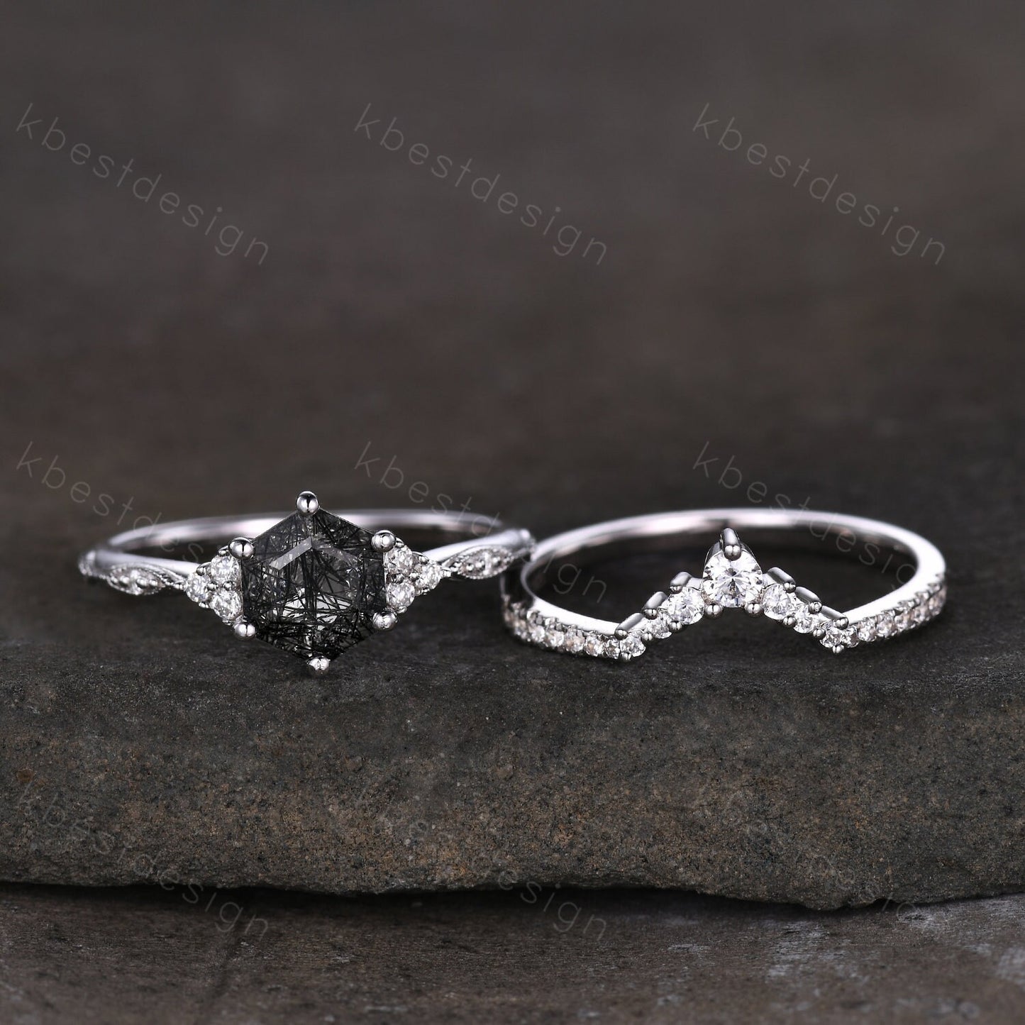 Hexagon cut black rutilated quartz engagement ring sterling silver art deco moissanite ring women black stone ring unique wedding ring set