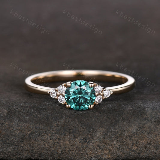 Round Green Moissanite engagement ring vintage unique Cluster yellow gold engagement ring women wedding Bridal art deco Anniversary ring