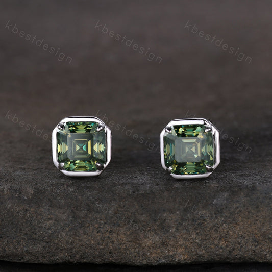 Green Moissanite Earrings / 14k Gold Moissanite Stud Earrings / Prong Setting Moissanite Studs / Asscher Moissanite Stud Earrings