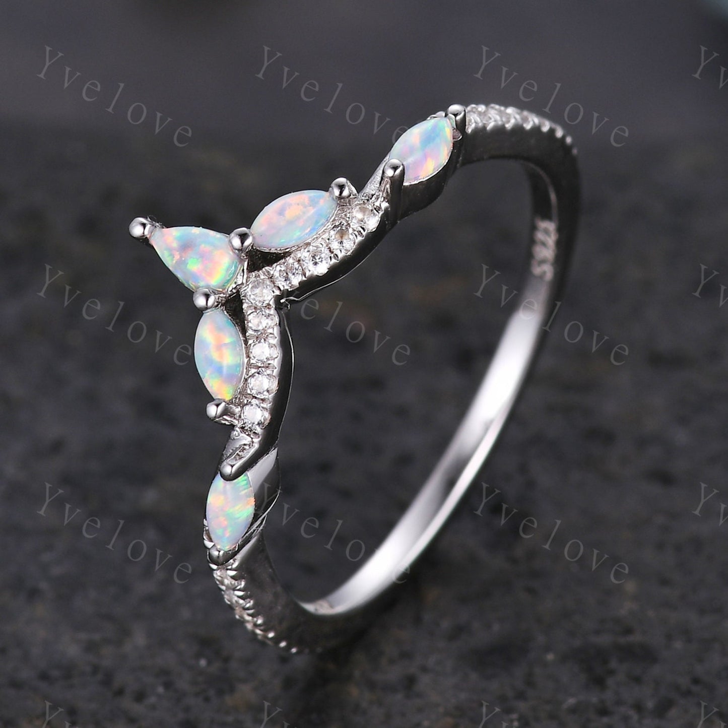 Dainty White opal wedding band moissanite diamond V curved wedding ring stackable matching band gift for women bridal ring 925 silver ring