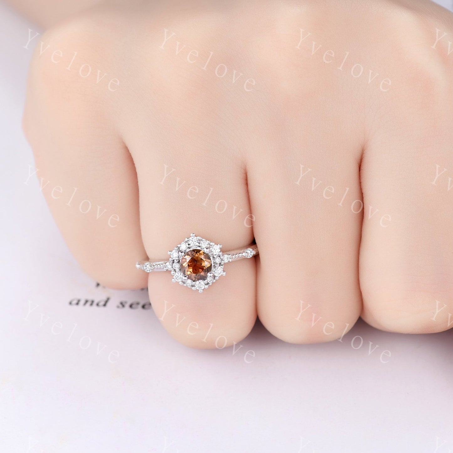 Unique Smoky Quartz Engagement Ring White Gold Moissanite Wedding Band Milgrain Stacking Bridal Set For Women Promise Ring Anniversary Gift