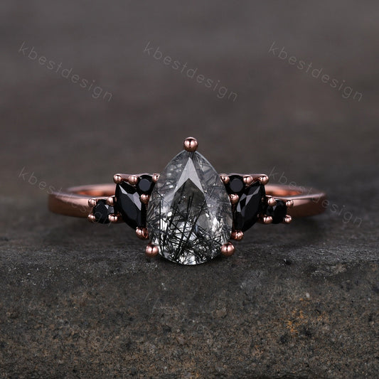 Pear Shaped Natural Black Rutilated Quartz Engagement Ring Unique Black Spinel Ring Rose Gold Marquise cut Cluster Ring Promise Ring