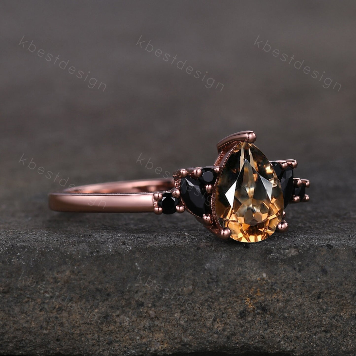 Vintage Pear Smoky Quartz engagement ring black spinel cluster Rose gold ring art deco brown quartz ring unique anniversary promise ring