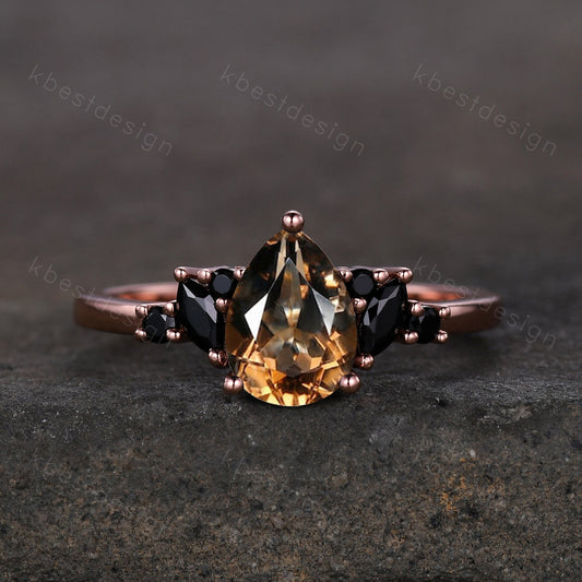 Vintage Pear Smoky Quartz engagement ring black spinel cluster Rose gold ring art deco brown quartz ring unique anniversary promise ring
