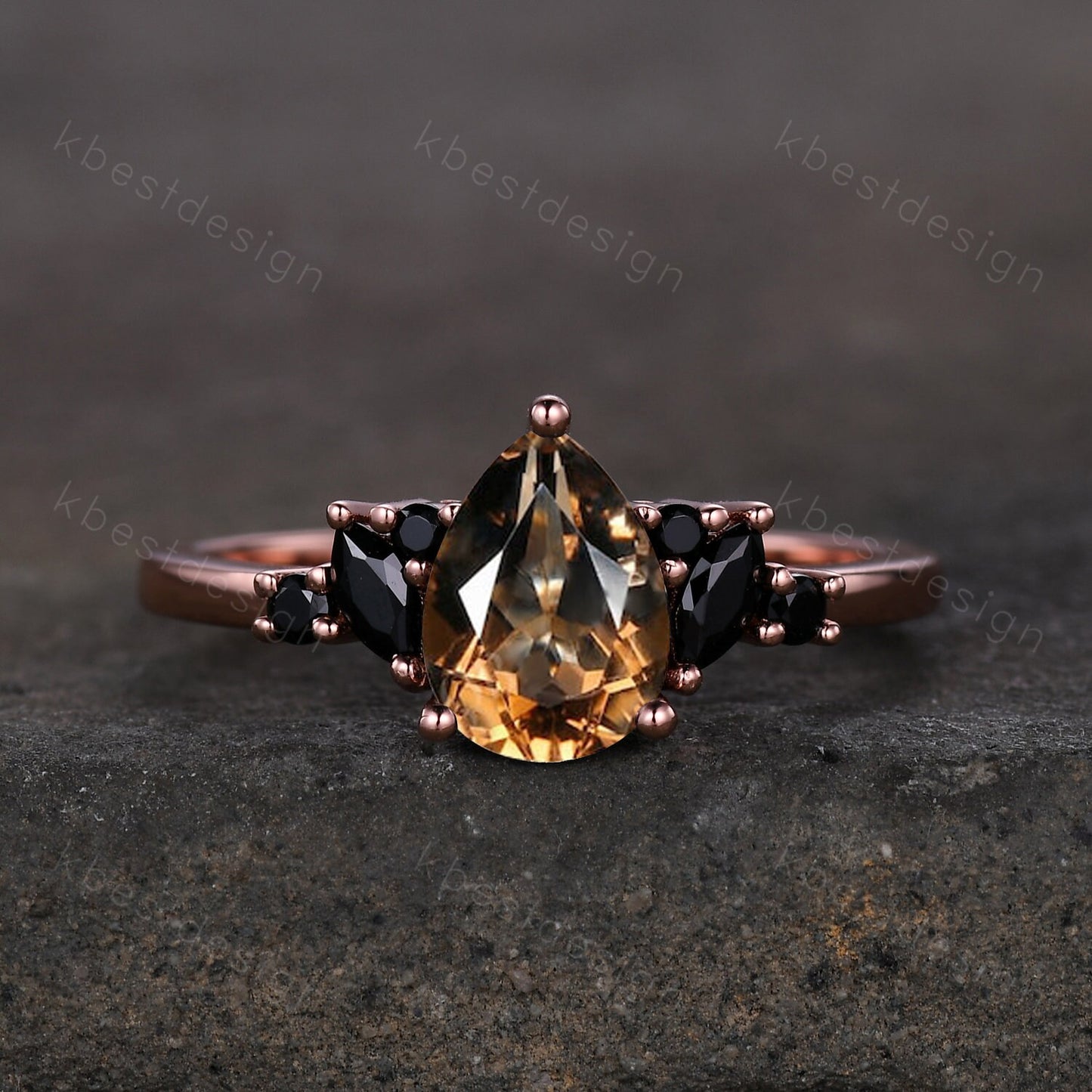 Vintage Pear Smoky Quartz engagement ring black spinel cluster Rose gold ring art deco brown quartz ring unique anniversary promise ring