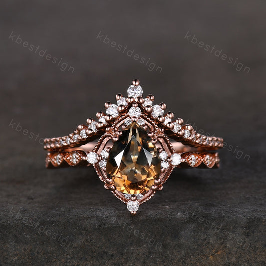 Vintage smoky quartz engagement ring rose gold ring art deco curved stacking band pear cut bridal set unique moissanite wedding set