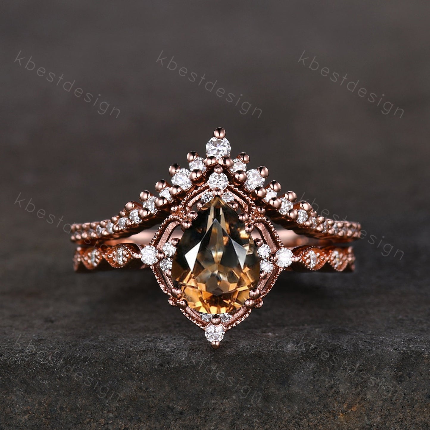 Vintage smoky quartz engagement ring rose gold ring art deco curved stacking band pear cut bridal set unique moissanite wedding set